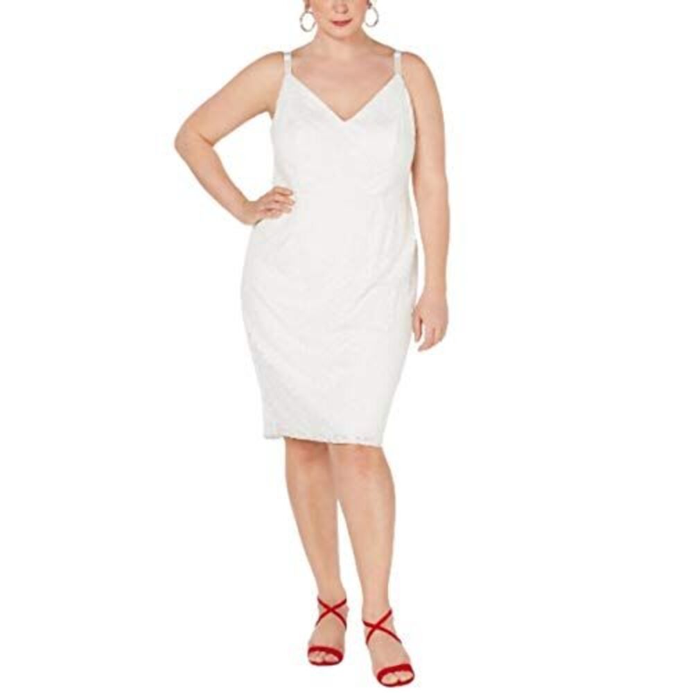 Emerald Sundae Trendy Plus Size Lace Stretch Bodycon Dress Off-White White 2X